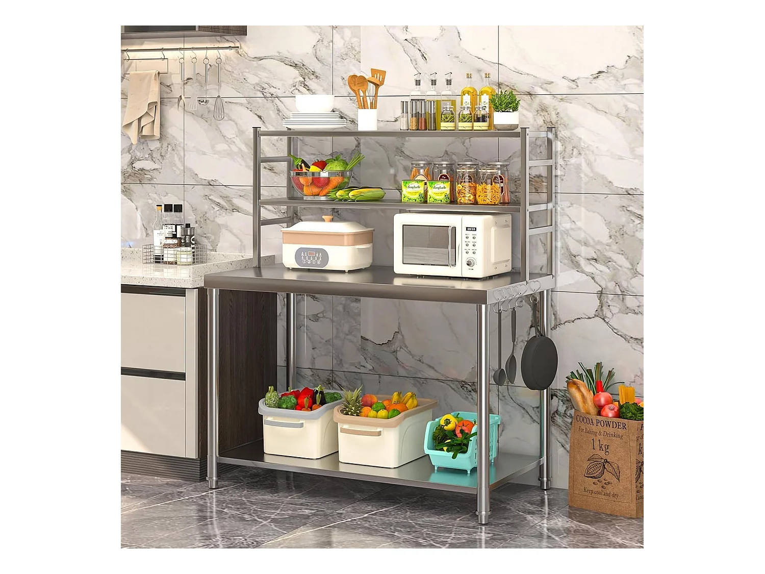 YODOLLA Edelstahltisch 122x61x138cm, 2-lagige Ablage & Unterregal. Werkbank für Küche, Lebensmittelzubereitung, Pizzaofen & Grill