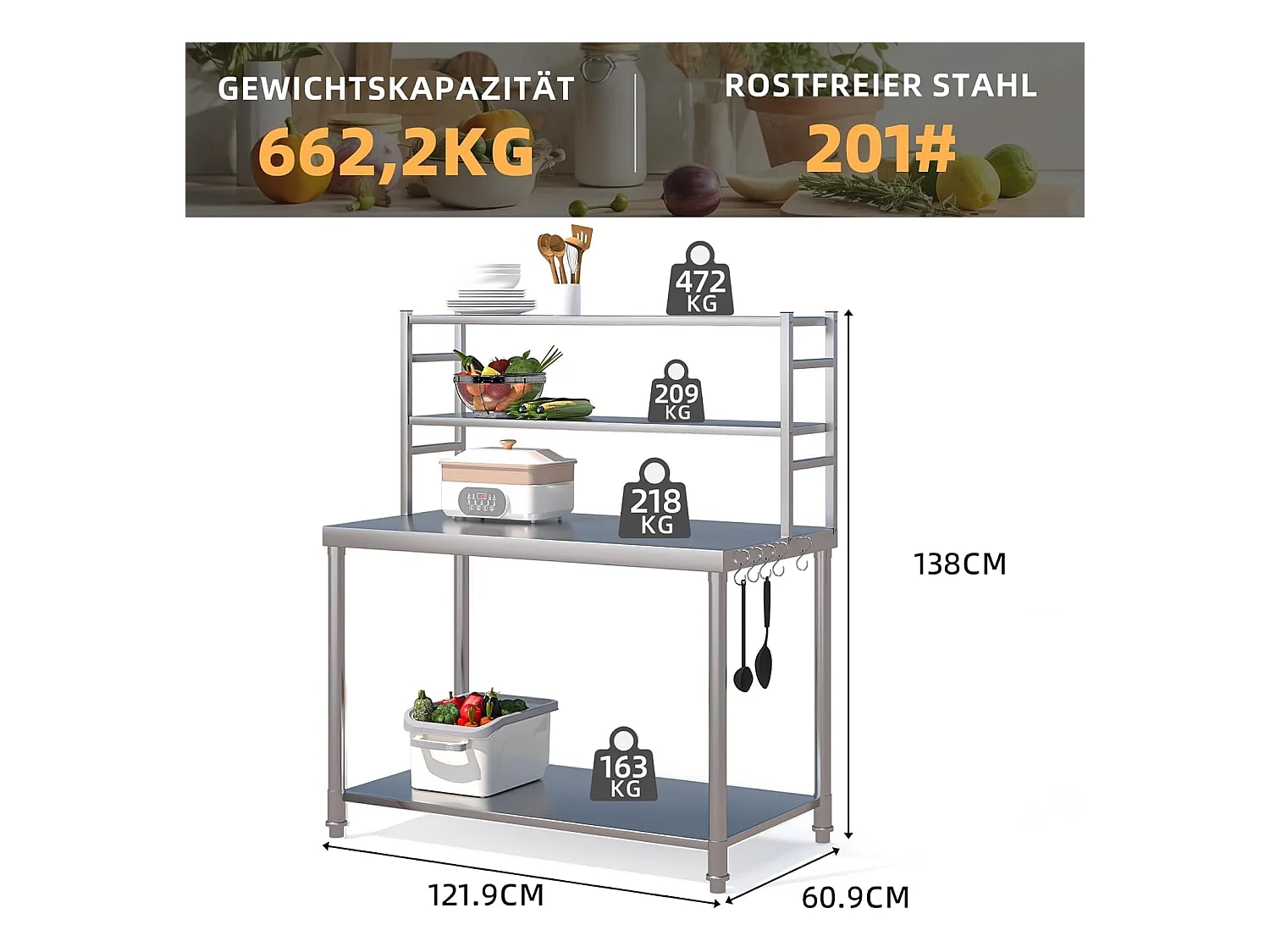YODOLLA Edelstahltisch 122x61x138cm, 2-lagige Ablage & Unterregal. Werkbank für Küche, Lebensmittelzubereitung, Pizzaofen & Grill