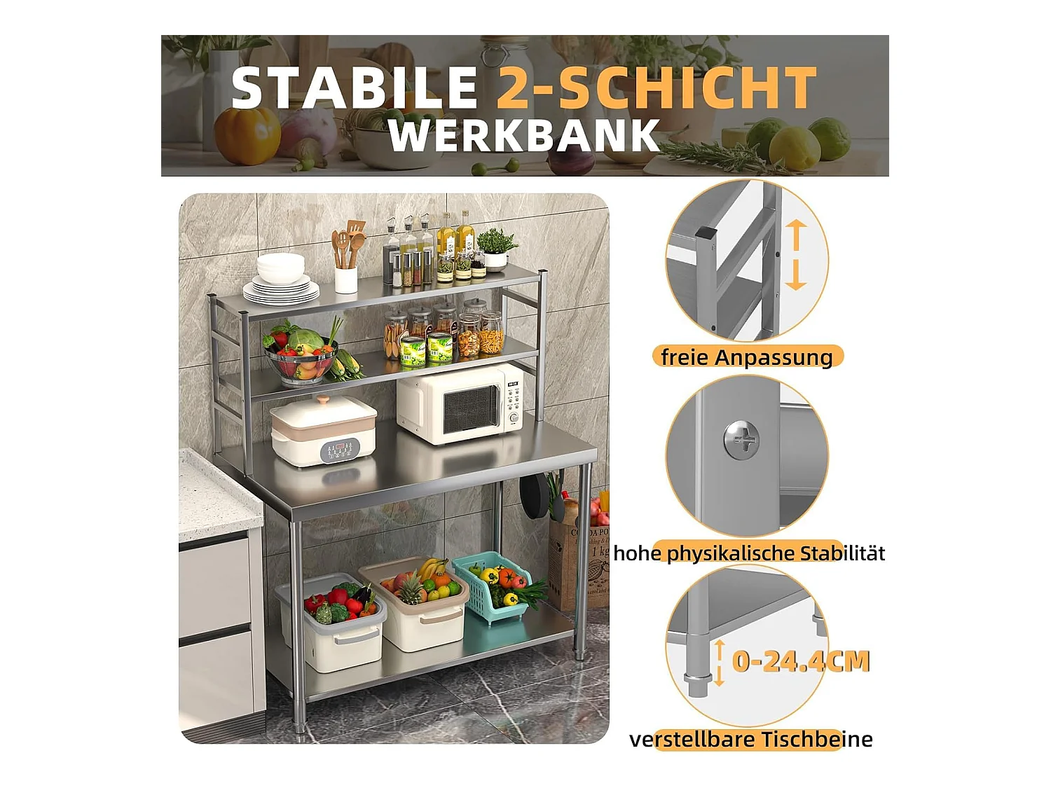 YODOLLA Edelstahltisch 122x61x138cm, 2-lagige Ablage & Unterregal. Werkbank für Küche, Lebensmittelzubereitung, Pizzaofen & Grill