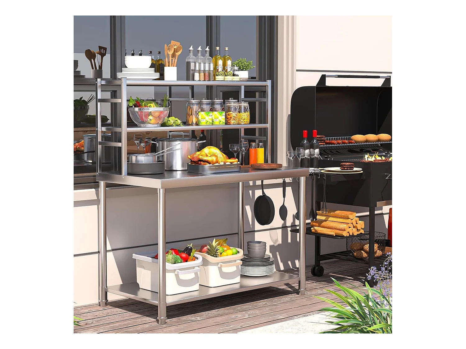 YODOLLA Edelstahltisch 122x61x138cm, 2-lagige Ablage & Unterregal. Werkbank für Küche, Lebensmittelzubereitung, Pizzaofen & Grill