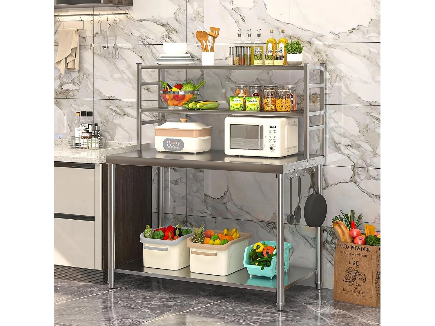 YODOLLA Edelstahltisch 122x61x138cm, 2-lagige Ablage & Unterregal. Werkbank für Küche, Lebensmittelzubereitung, Pizzaofen & Grill