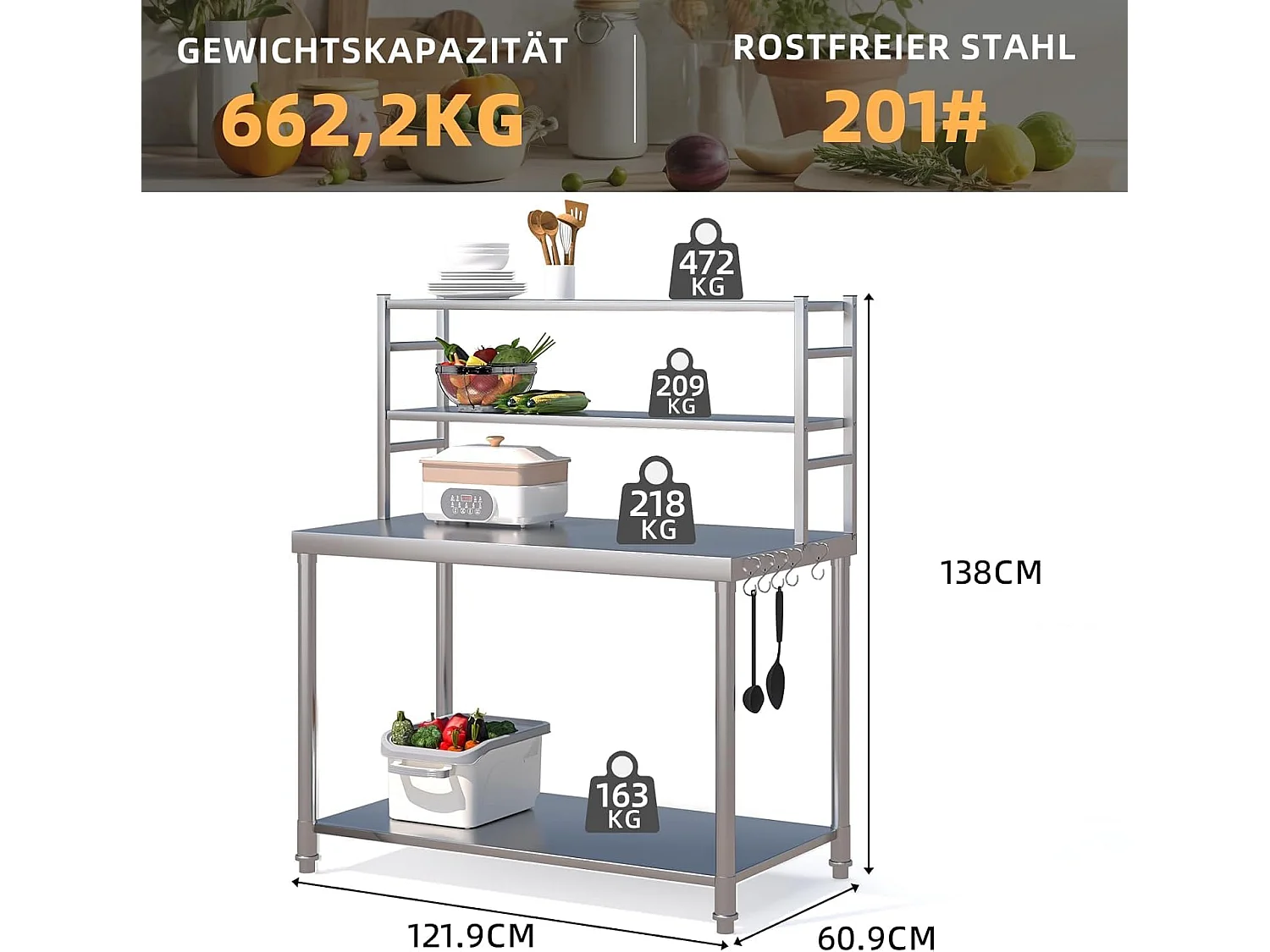 YODOLLA Edelstahltisch 122x61x138cm, 2-lagige Ablage & Unterregal. Werkbank für Küche, Lebensmittelzubereitung, Pizzaofen & Grill