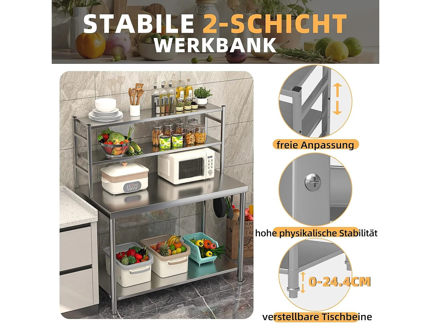 YODOLLA Edelstahltisch 122x61x138cm, 2-lagige Ablage & Unterregal. Werkbank für Küche, Lebensmittelzubereitung, Pizzaofen & Grill