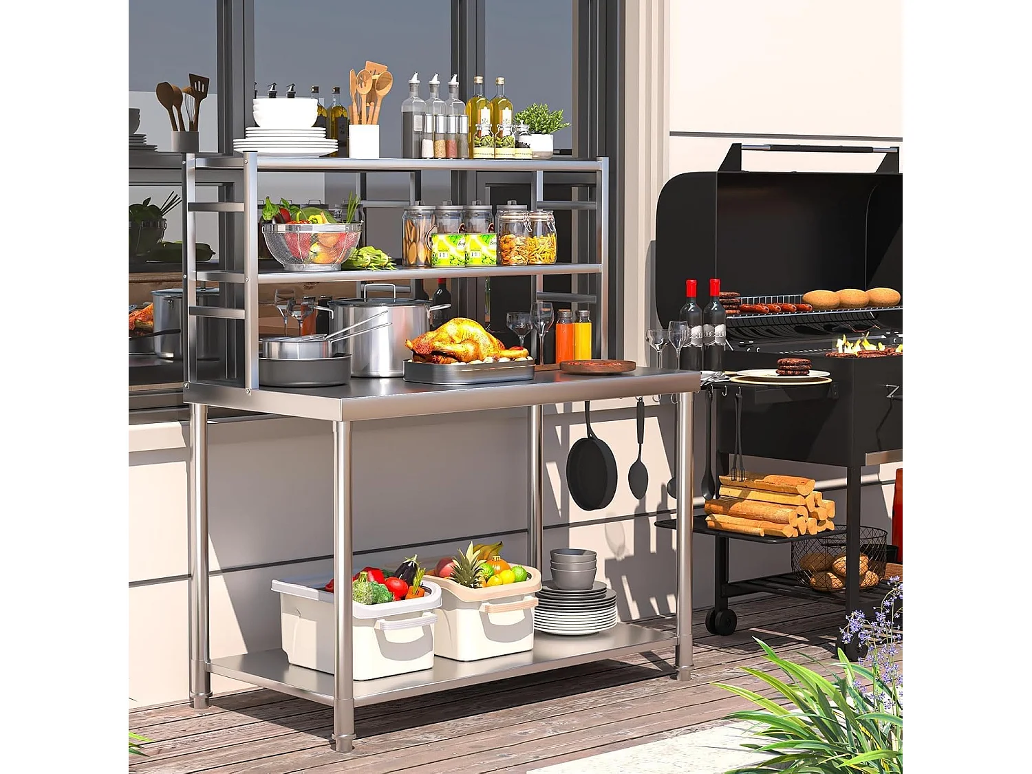 YODOLLA Edelstahltisch 122x61x138cm, 2-lagige Ablage & Unterregal. Werkbank für Küche, Lebensmittelzubereitung, Pizzaofen & Grill