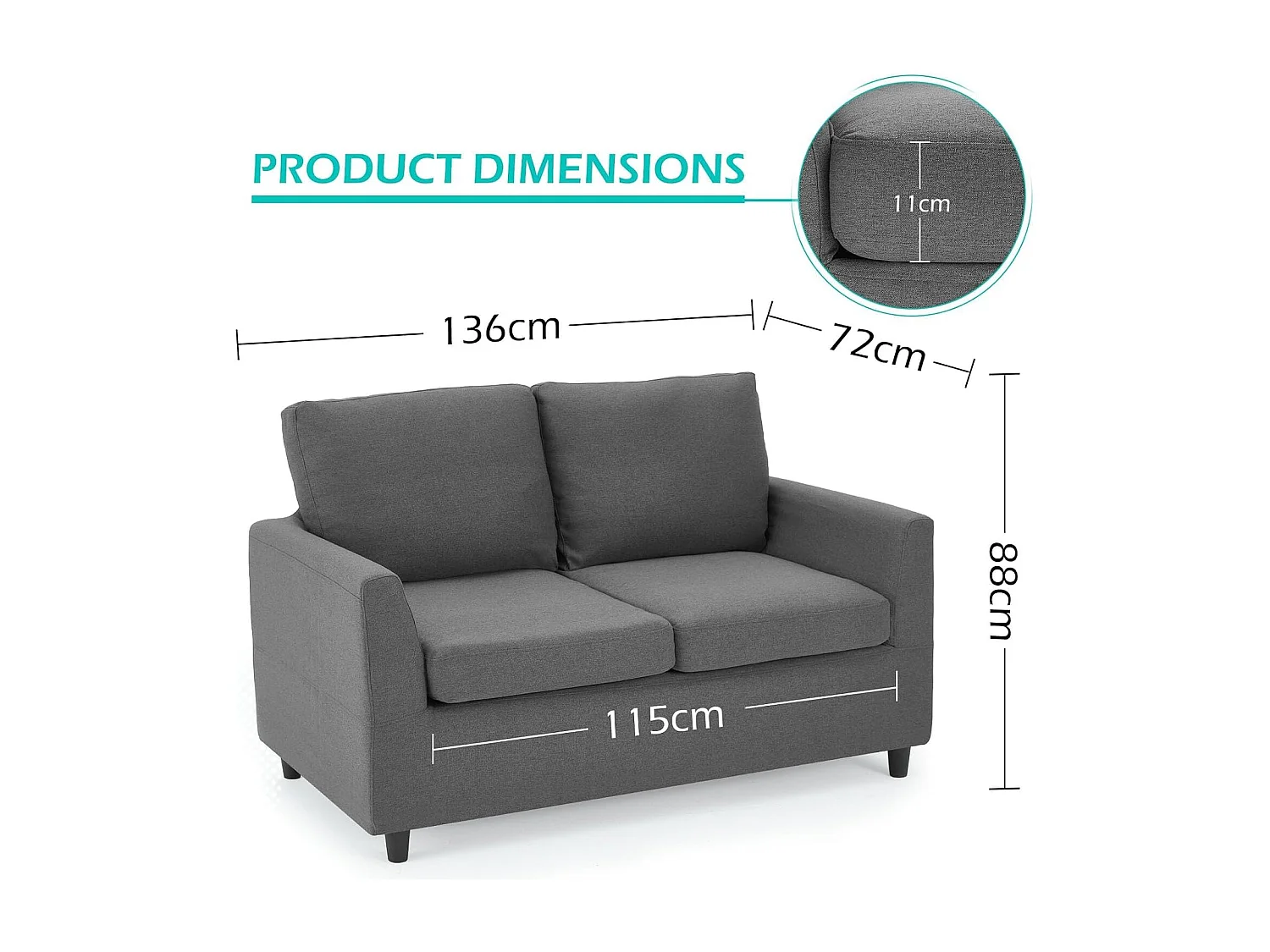 YODOLLA 2-Sitzer Sofa mit abnehmbaren Bezügen, moderne Couch für Wohnzimmer. Ideal für kleine Räume, Dunkelgrau