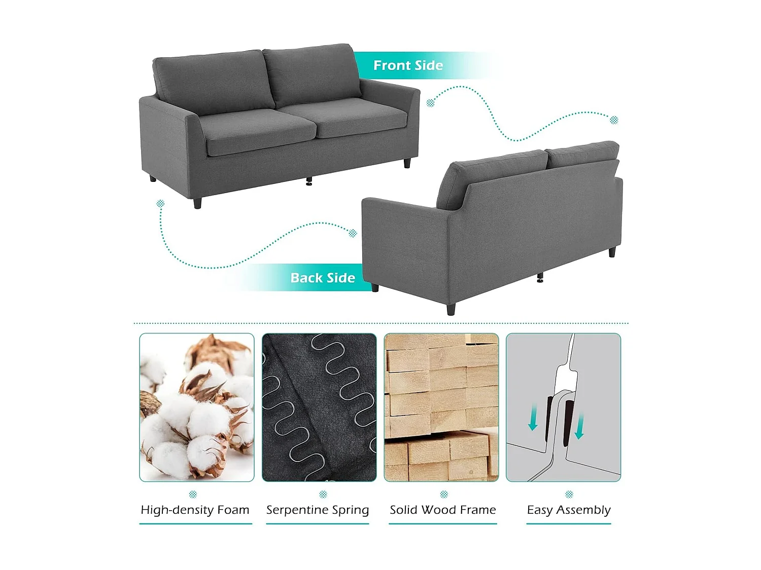 YODOLLA 2-Sitzer Sofa mit abnehmbaren Bezügen, moderne Couch für Wohnzimmer. Ideal für kleine Räume, Dunkelgrau