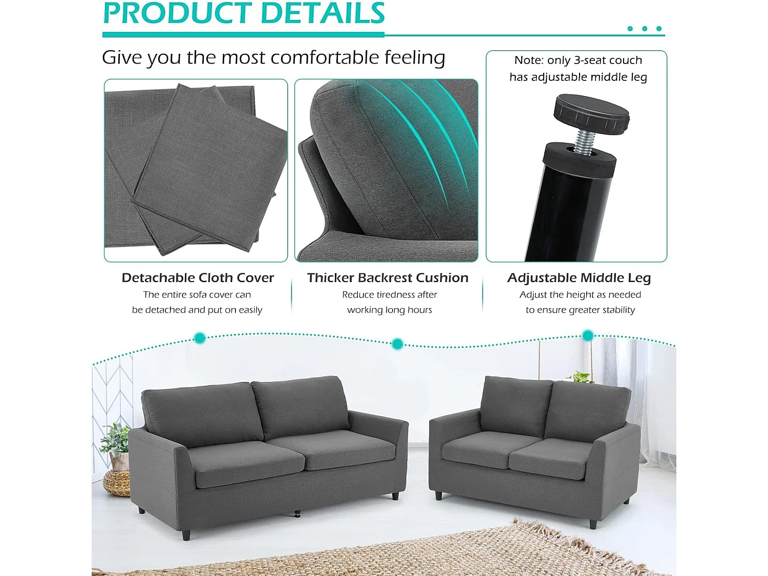 YODOLLA 2-Sitzer Sofa mit abnehmbaren Bezügen, moderne Couch für Wohnzimmer. Ideal für kleine Räume, Dunkelgrau