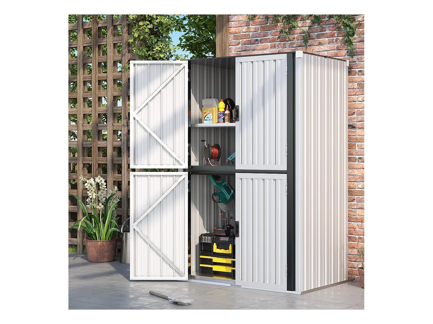 YODOLLA Gartenschrank mit verstellbaren Einlegeböden | Wetterfester Außenschrank | Metall-Garagenschrank| 118x76x178cm, Weiß