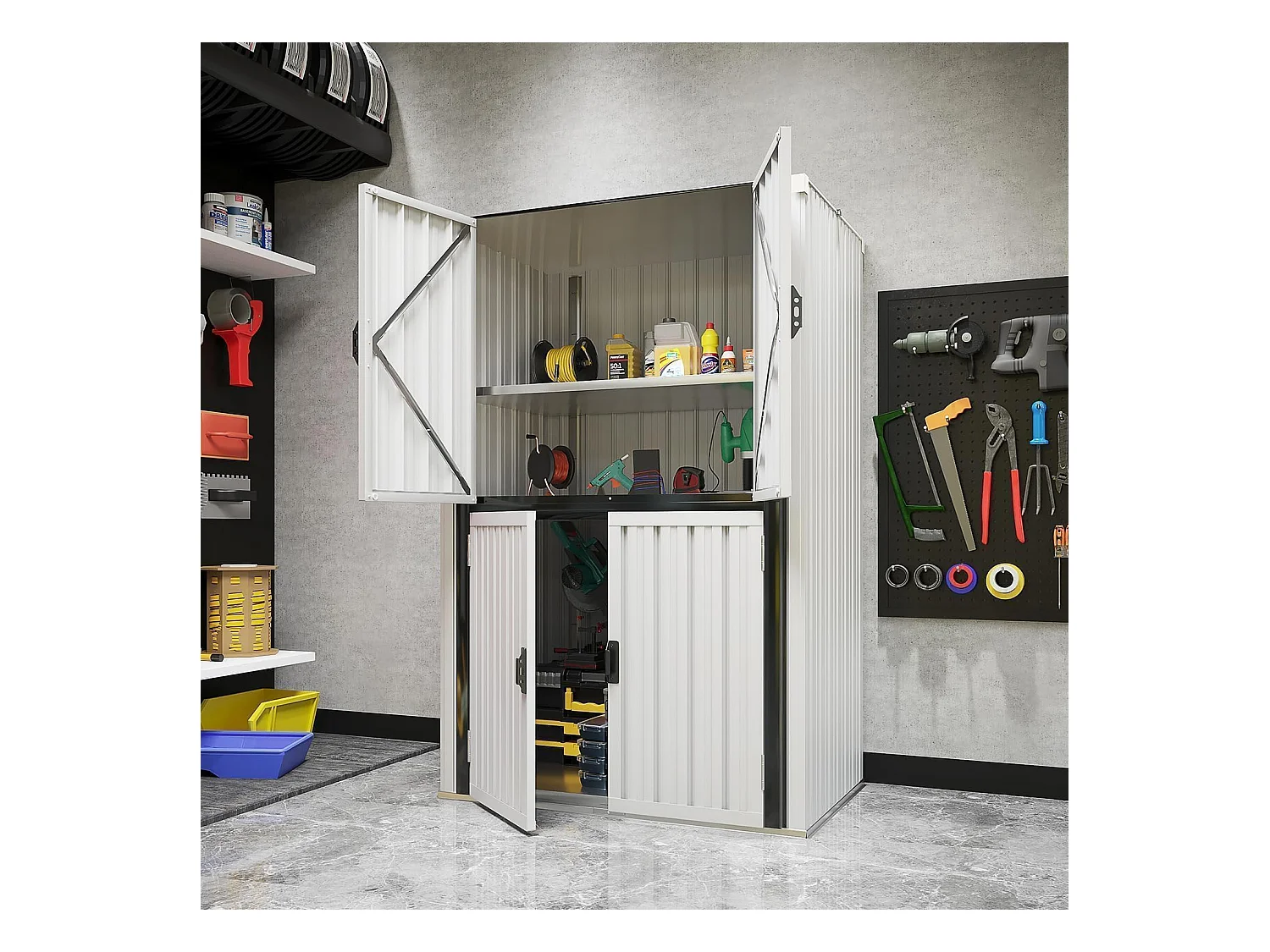 YODOLLA Gartenschrank mit verstellbaren Einlegeböden | Wetterfester Außenschrank | Metall-Garagenschrank| 118x76x178cm, Weiß