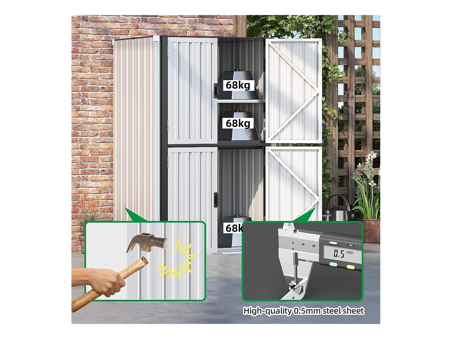 YODOLLA Gartenschrank mit verstellbaren Einlegeböden | Wetterfester Außenschrank | Metall-Garagenschrank| 118x76x178cm, Weiß