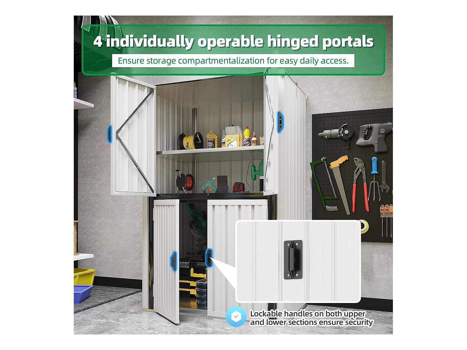 YODOLLA Gartenschrank mit verstellbaren Einlegeböden | Wetterfester Außenschrank | Metall-Garagenschrank| 118x76x178cm, Weiß