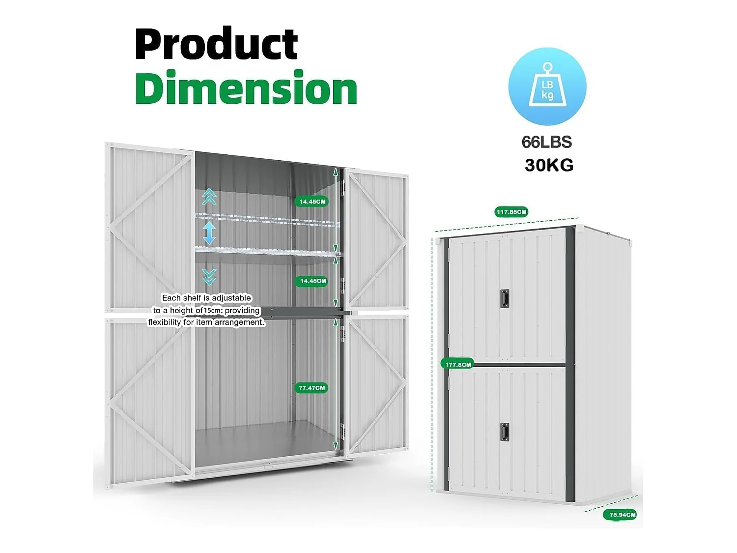 YODOLLA Gartenschrank mit verstellbaren Einlegeböden | Wetterfester Außenschrank | Metall-Garagenschrank| 118x76x178cm, Weiß