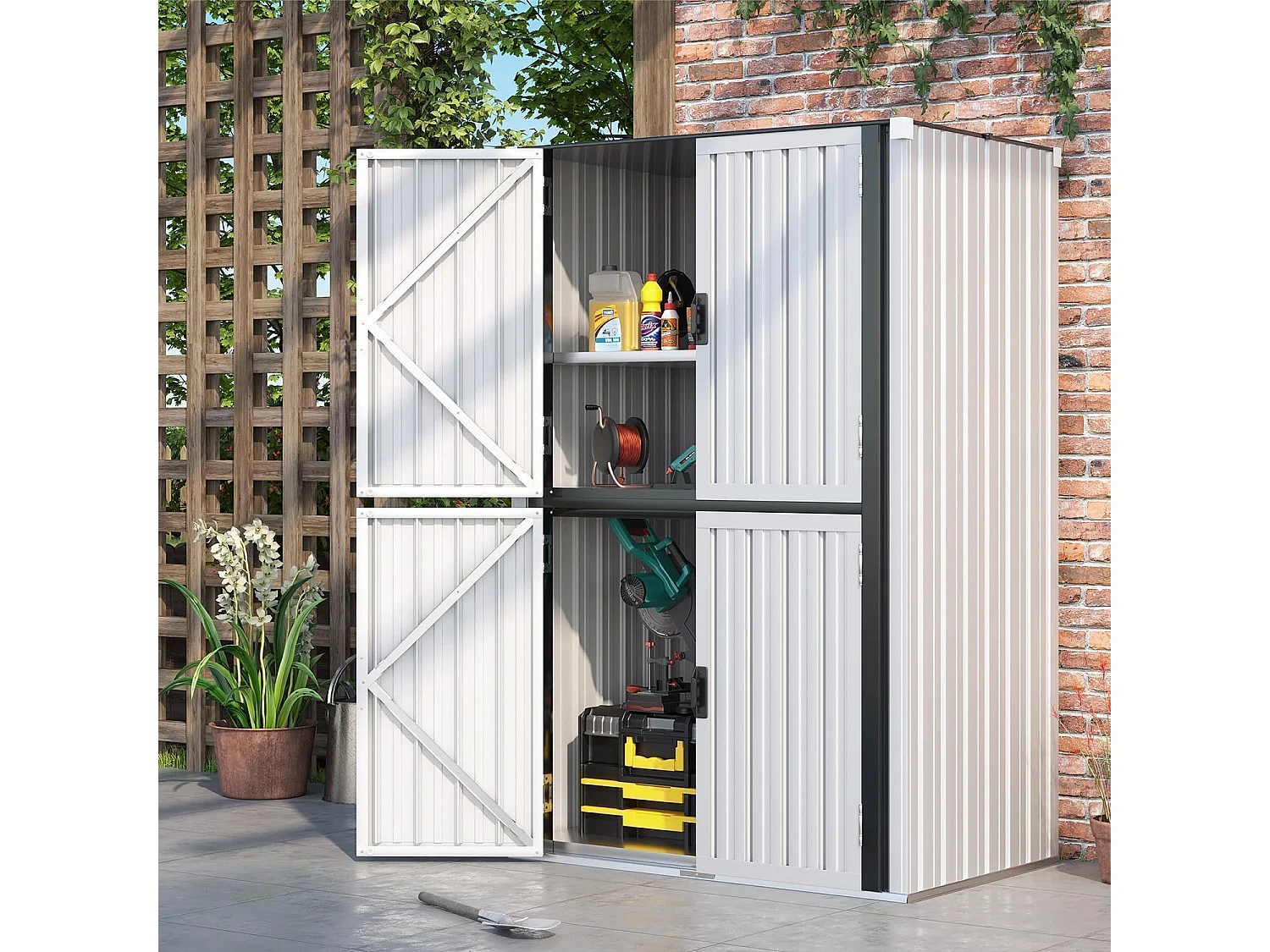 YODOLLA Gartenschrank mit verstellbaren Einlegeböden | Wetterfester Außenschrank | Metall-Garagenschrank| 118x76x178cm, Weiß