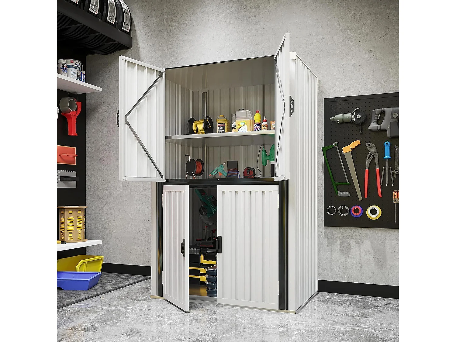 YODOLLA Gartenschrank mit verstellbaren Einlegeböden | Wetterfester Außenschrank | Metall-Garagenschrank| 118x76x178cm, Weiß