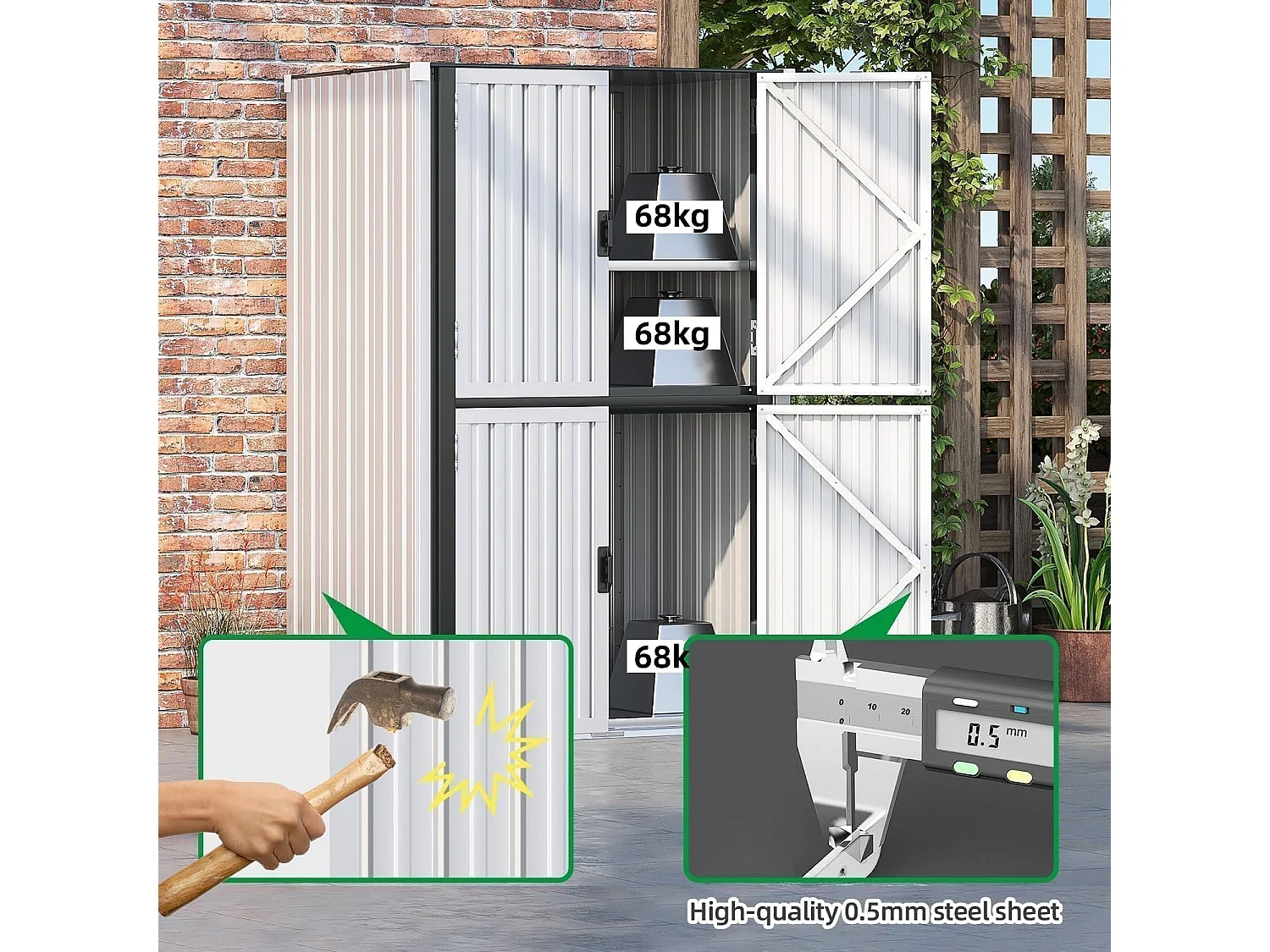 YODOLLA Gartenschrank mit verstellbaren Einlegeböden | Wetterfester Außenschrank | Metall-Garagenschrank| 118x76x178cm, Weiß