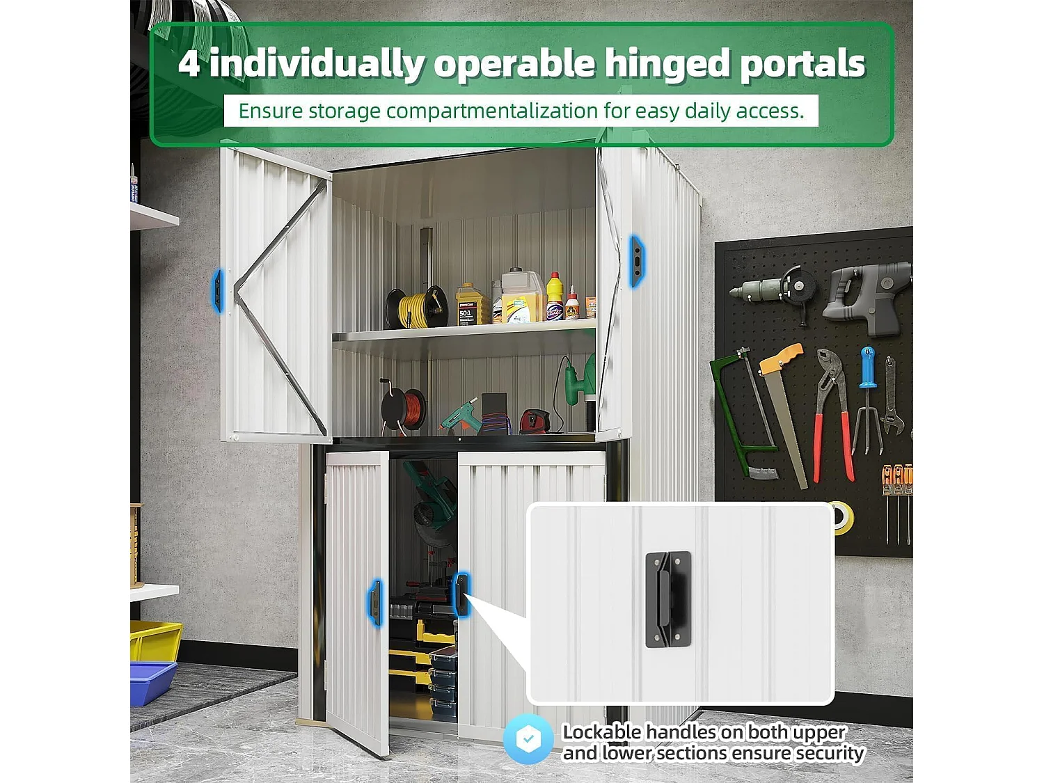 YODOLLA Gartenschrank mit verstellbaren Einlegeböden | Wetterfester Außenschrank | Metall-Garagenschrank| 118x76x178cm, Weiß