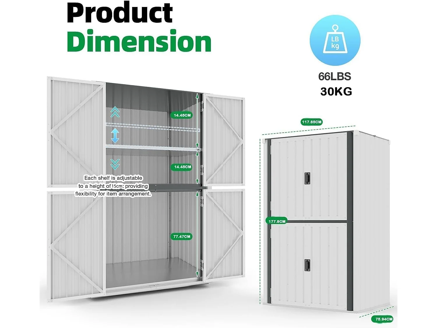 YODOLLA Gartenschrank mit verstellbaren Einlegeböden | Wetterfester Außenschrank | Metall-Garagenschrank| 118x76x178cm, Weiß
