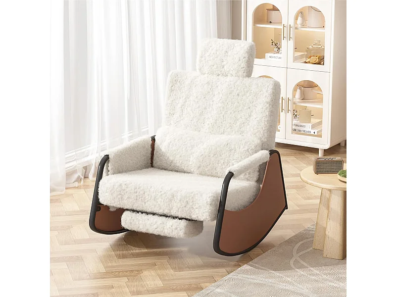 YODOLLA Schaukelstuhl mit 3-fach verstellbarer Rückenlehne, einziehbarer Fußstütze und Seitentasche, Stillstuhl mit Kopfstütze, Weißer Teddy-Samt