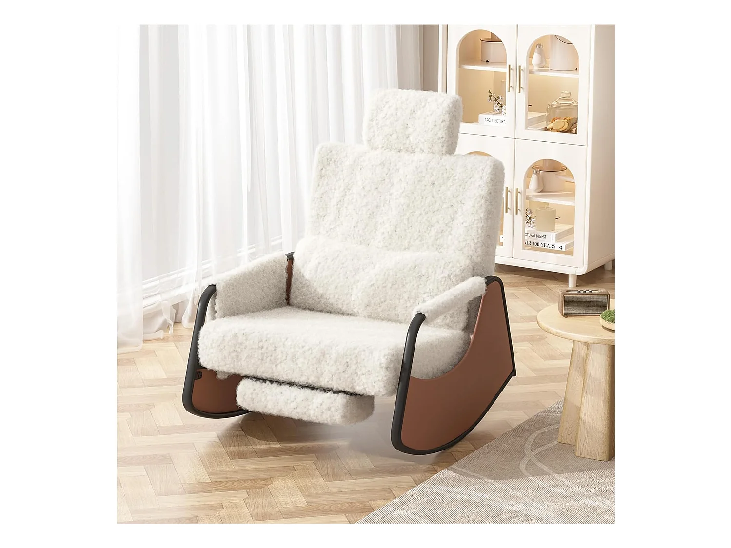 YODOLLA Schaukelstuhl mit 3-fach verstellbarer Rückenlehne, einziehbarer Fußstütze und Seitentasche, Stillstuhl mit Kopfstütze, Weißer Teddy-Samt