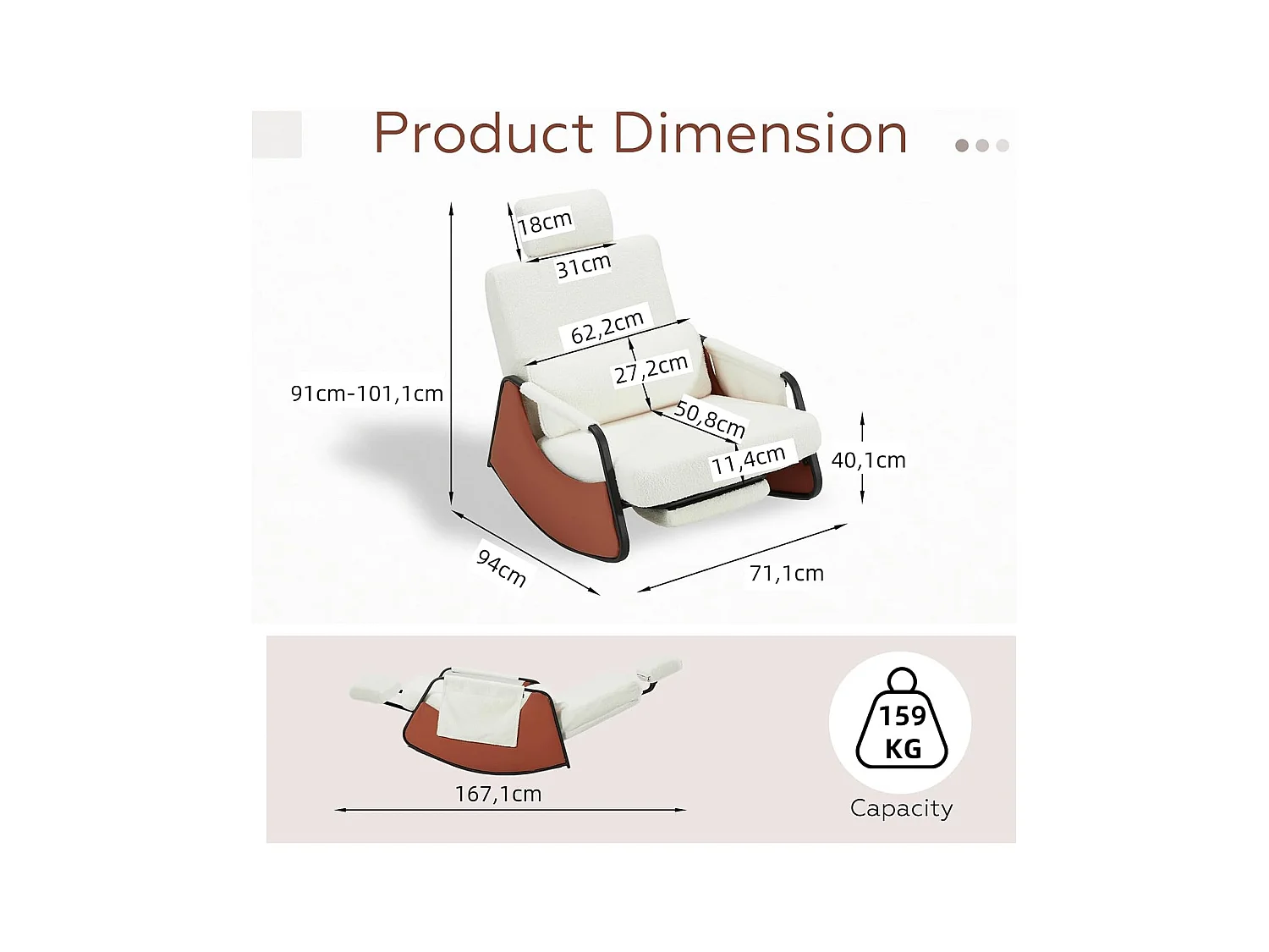 YODOLLA Schaukelstuhl mit 3-fach verstellbarer Rückenlehne, einziehbarer Fußstütze und Seitentasche, Stillstuhl mit Kopfstütze, Weißer Teddy-Samt