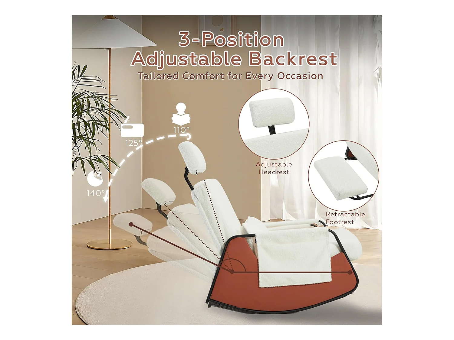 YODOLLA Schaukelstuhl mit 3-fach verstellbarer Rückenlehne, einziehbarer Fußstütze und Seitentasche, Stillstuhl mit Kopfstütze, Weißer Teddy-Samt