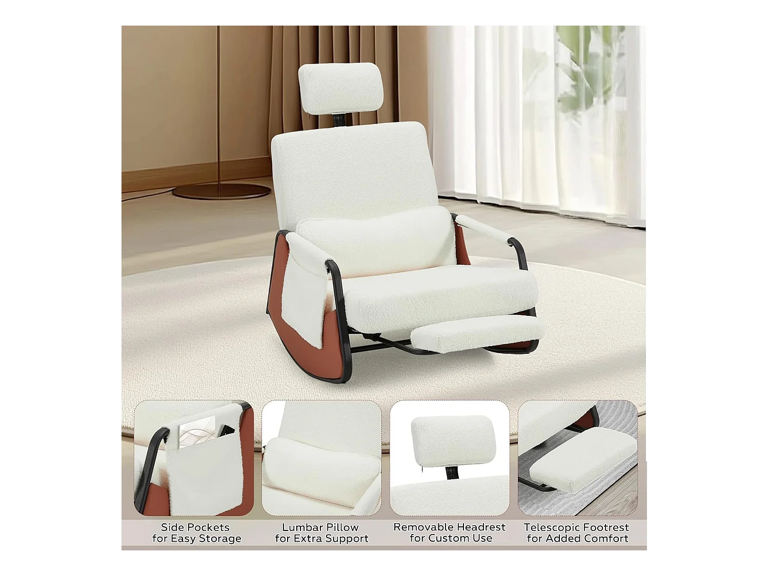 YODOLLA Schaukelstuhl mit 3-fach verstellbarer Rückenlehne, einziehbarer Fußstütze und Seitentasche, Stillstuhl mit Kopfstütze, Weißer Teddy-Samt