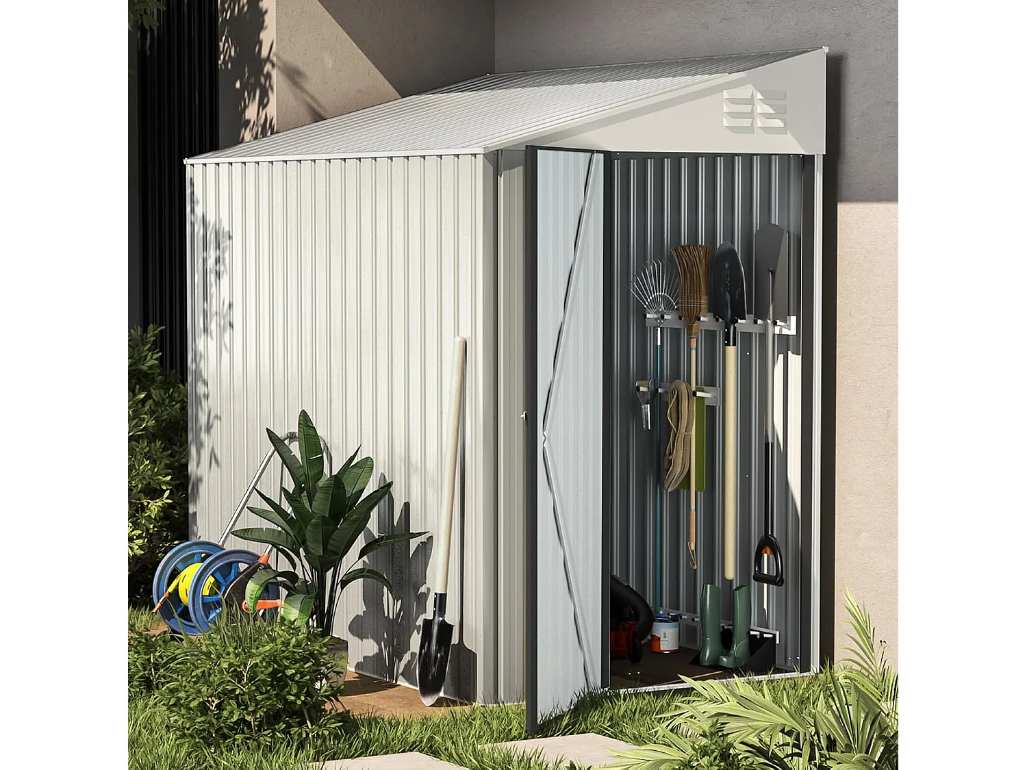 YODOLLA Metall-Anlehnschuppen,214x129x203cm Leicht aufzubauender mit schrägem Dach, Metall Gerätehaus für Außenlagerung,Wandanschluss-Schuppen für Garten,Weiß