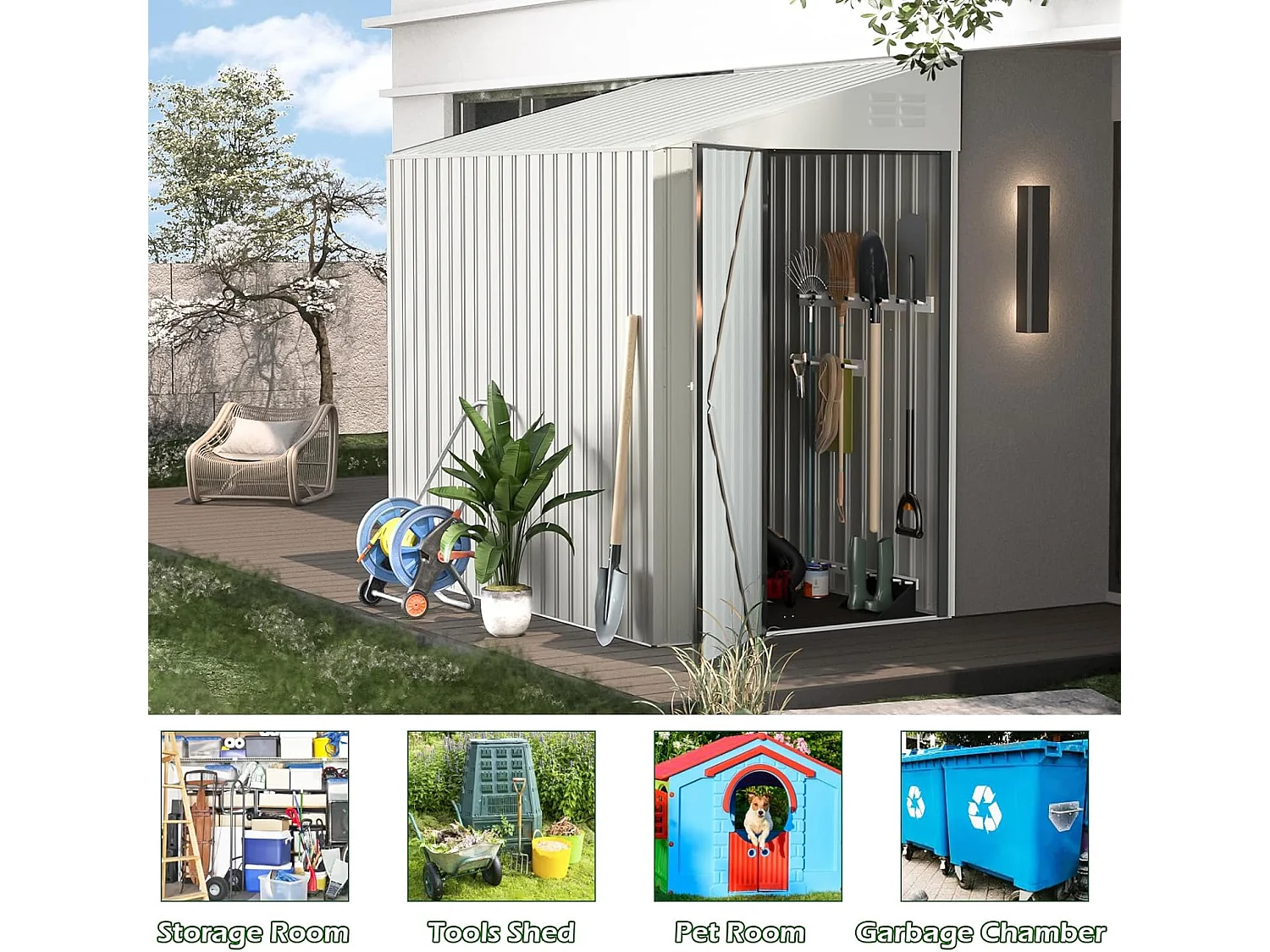 YODOLLA Metall-Anlehnschuppen,214x129x203cm Leicht aufzubauender mit schrägem Dach, Metall Gerätehaus für Außenlagerung,Wandanschluss-Schuppen für Garten,Weiß