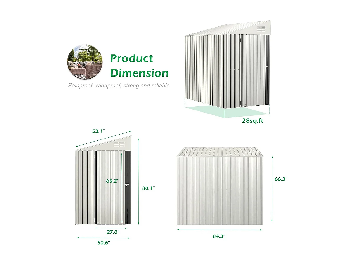 YODOLLA Metall-Anlehnschuppen,214x129x203cm Leicht aufzubauender mit schrägem Dach, Metall Gerätehaus für Außenlagerung,Wandanschluss-Schuppen für Garten,Weiß