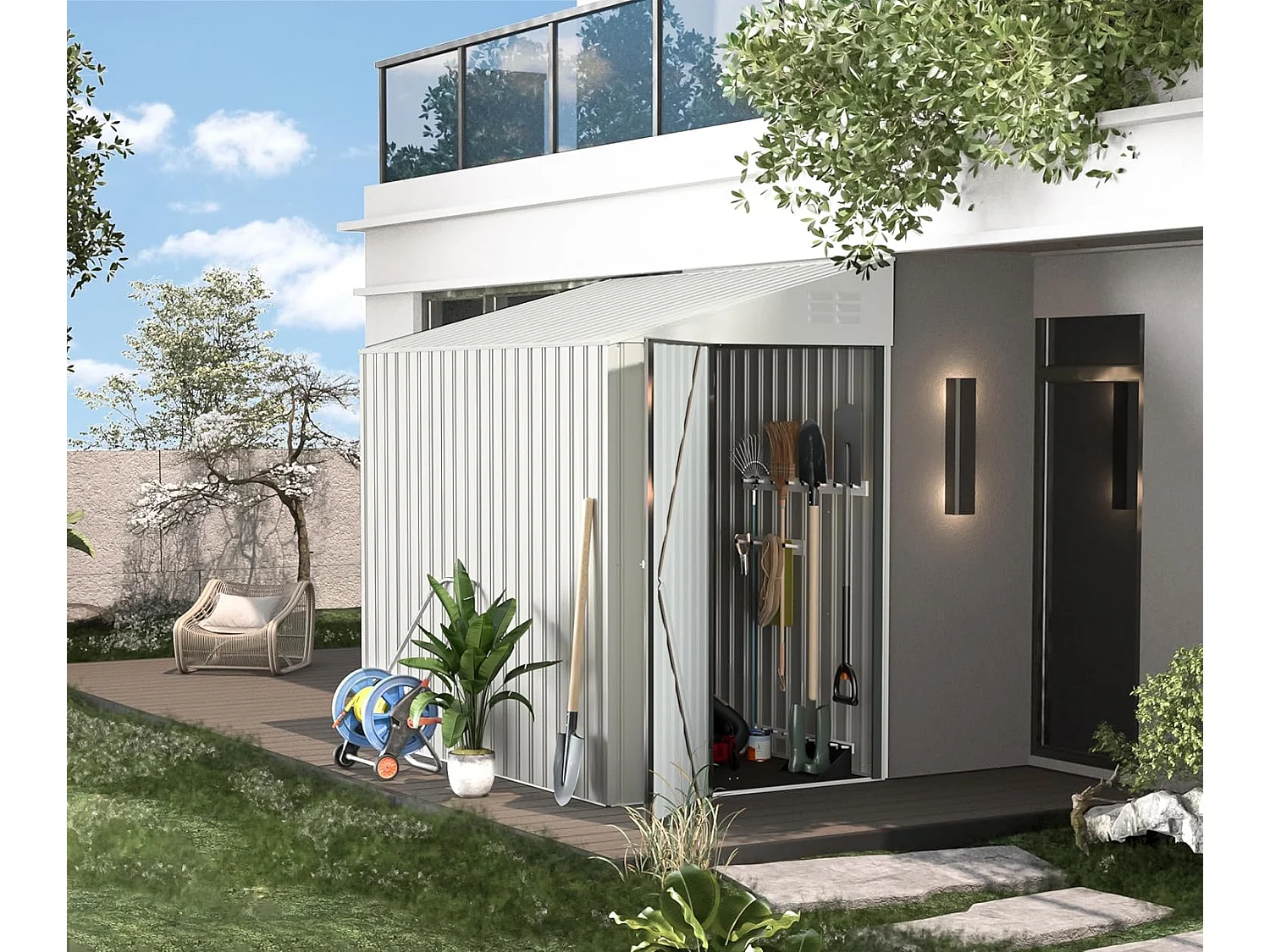 YODOLLA Metall-Anlehnschuppen,214x129x203cm Leicht aufzubauender mit schrägem Dach, Metall Gerätehaus für Außenlagerung,Wandanschluss-Schuppen für Garten,Weiß