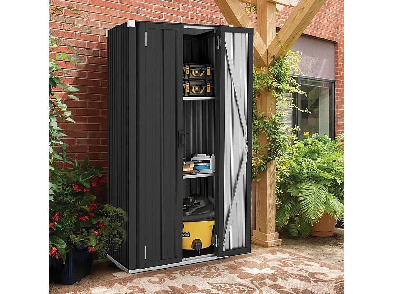 YODOLLA Gartenschrank, 76x56x178cm Geräteschuppen Metall, Wetterfest Outdoor-Schrank Lagerschuppen Hohe für Balkon, Rasenflächen und Hinterhöfe, Grau
