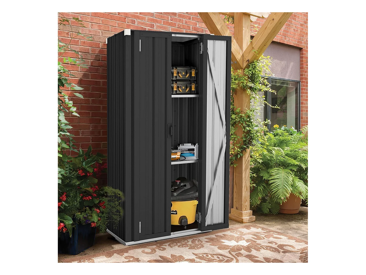 YODOLLA Gartenschrank, 76x56x178cm Geräteschuppen Metall, Wetterfest Outdoor-Schrank Lagerschuppen Hohe für Balkon, Rasenflächen und Hinterhöfe, Grau