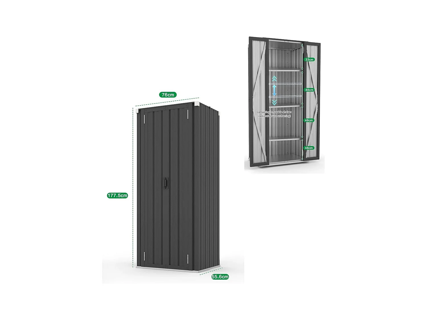YODOLLA Gartenschrank, 76x56x178cm Geräteschuppen Metall, Wetterfest Outdoor-Schrank Lagerschuppen Hohe für Balkon, Rasenflächen und Hinterhöfe, Grau