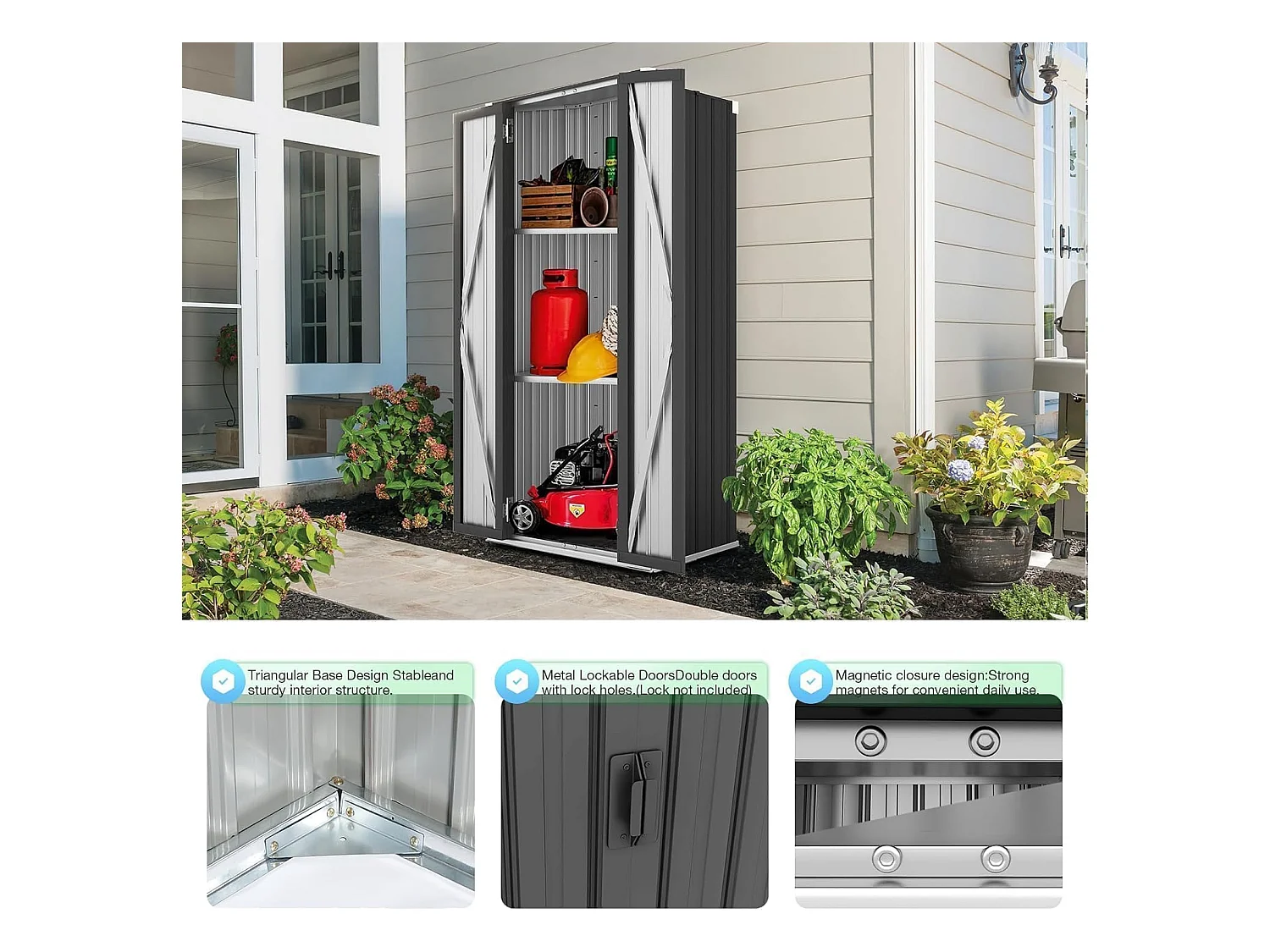 YODOLLA Gartenschrank, 76x56x178cm Geräteschuppen Metall, Wetterfest Outdoor-Schrank Lagerschuppen Hohe für Balkon, Rasenflächen und Hinterhöfe, Grau