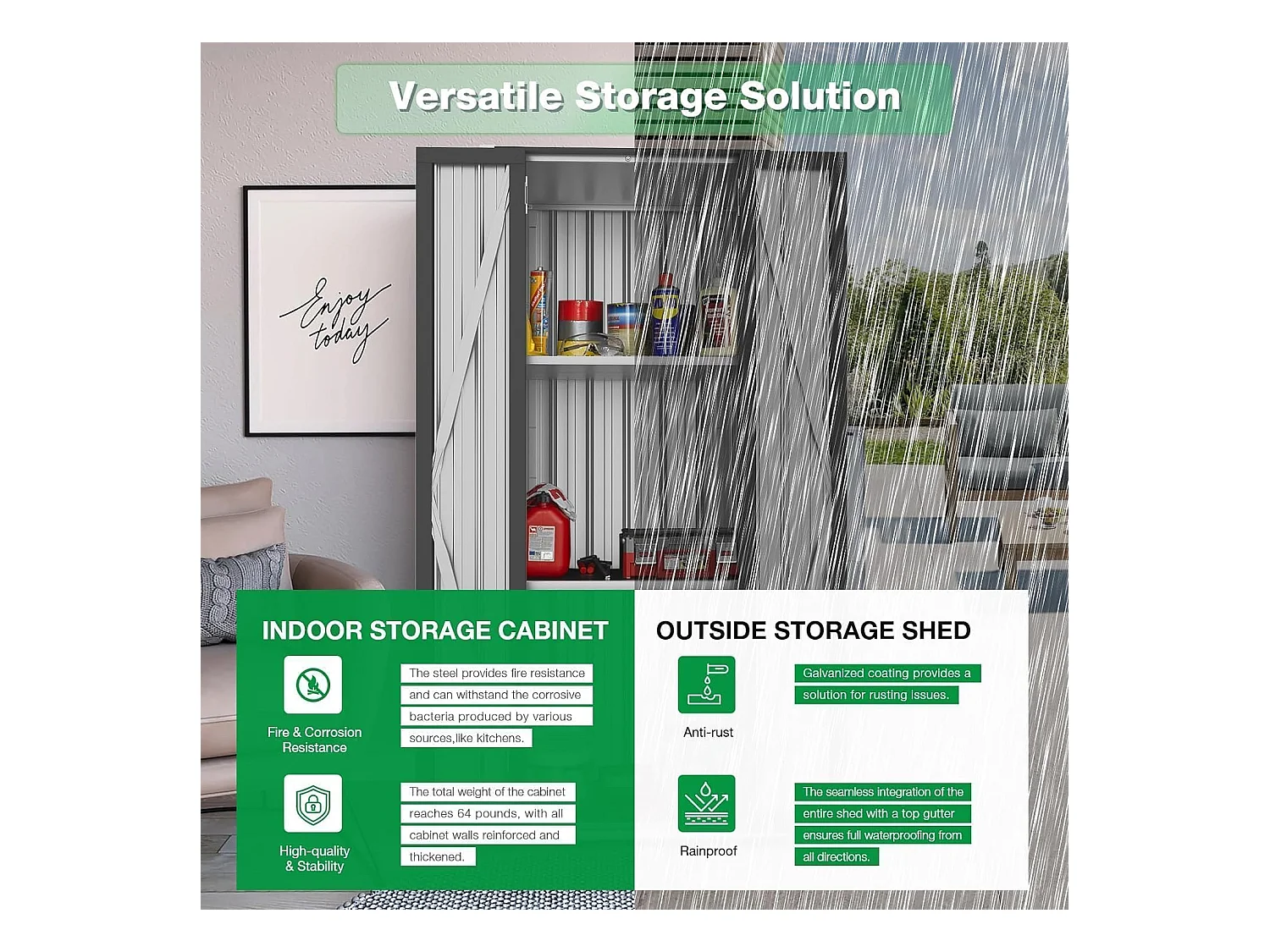 YODOLLA Gartenschrank, 76x56x178cm Geräteschuppen Metall, Wetterfest Outdoor-Schrank Lagerschuppen Hohe für Balkon, Rasenflächen und Hinterhöfe, Grau