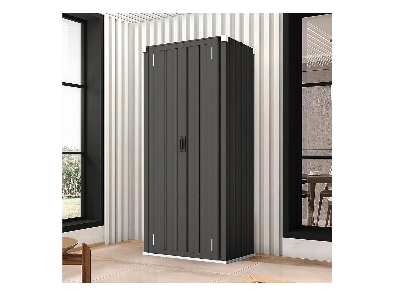 YODOLLA Gartenschrank, 76x56x178cm Geräteschuppen Metall, Wetterfest Outdoor-Schrank Lagerschuppen Hohe für Balkon, Rasenflächen und Hinterhöfe, Grau