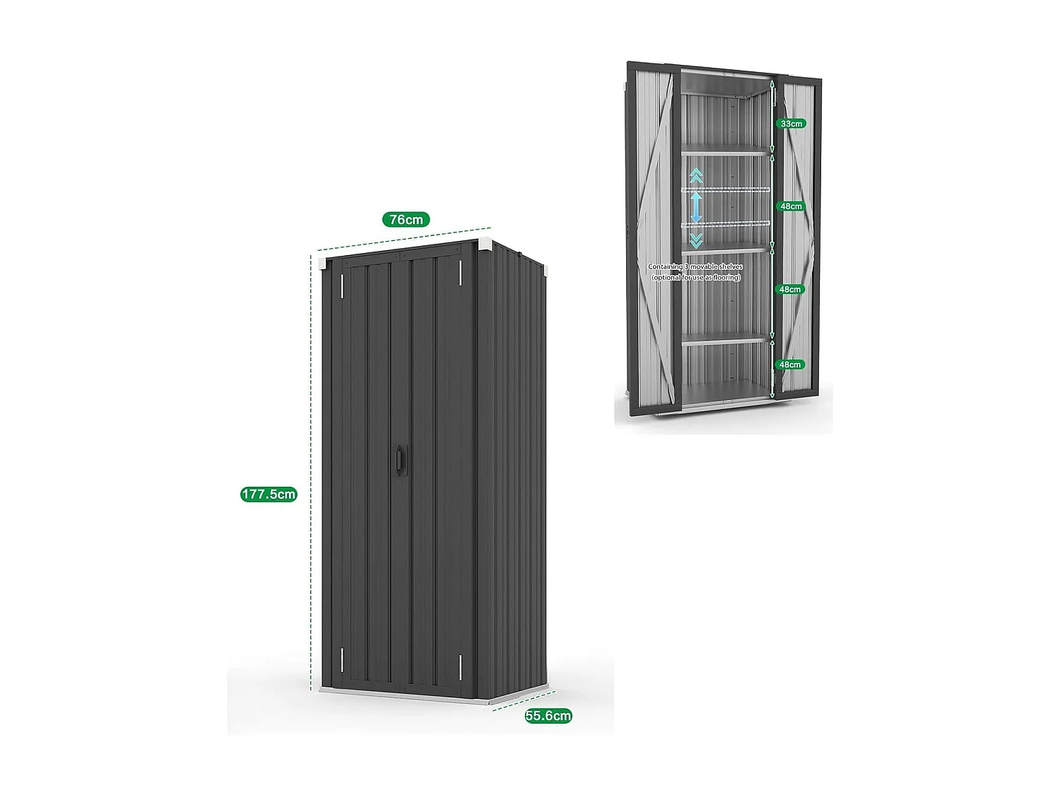 YODOLLA Gartenschrank, 76x56x178cm Geräteschuppen Metall, Wetterfest Outdoor-Schrank Lagerschuppen Hohe für Balkon, Rasenflächen und Hinterhöfe, Grau