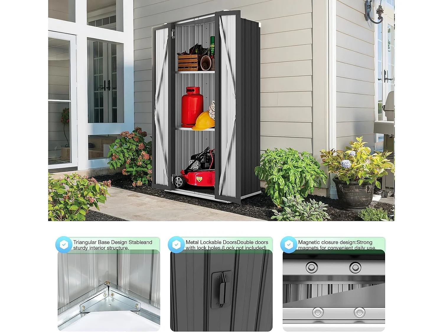 YODOLLA Gartenschrank, 76x56x178cm Geräteschuppen Metall, Wetterfest Outdoor-Schrank Lagerschuppen Hohe für Balkon, Rasenflächen und Hinterhöfe, Grau