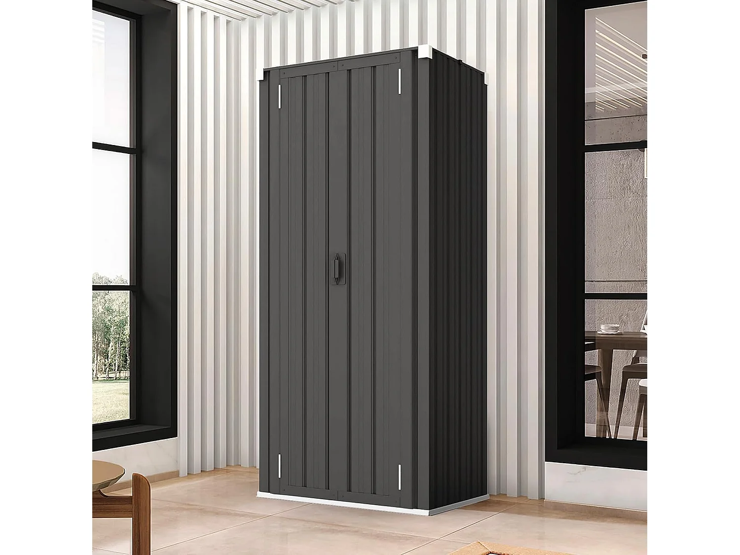 YODOLLA Gartenschrank, 76x56x178cm Geräteschuppen Metall, Wetterfest Outdoor-Schrank Lagerschuppen Hohe für Balkon, Rasenflächen und Hinterhöfe, Grau