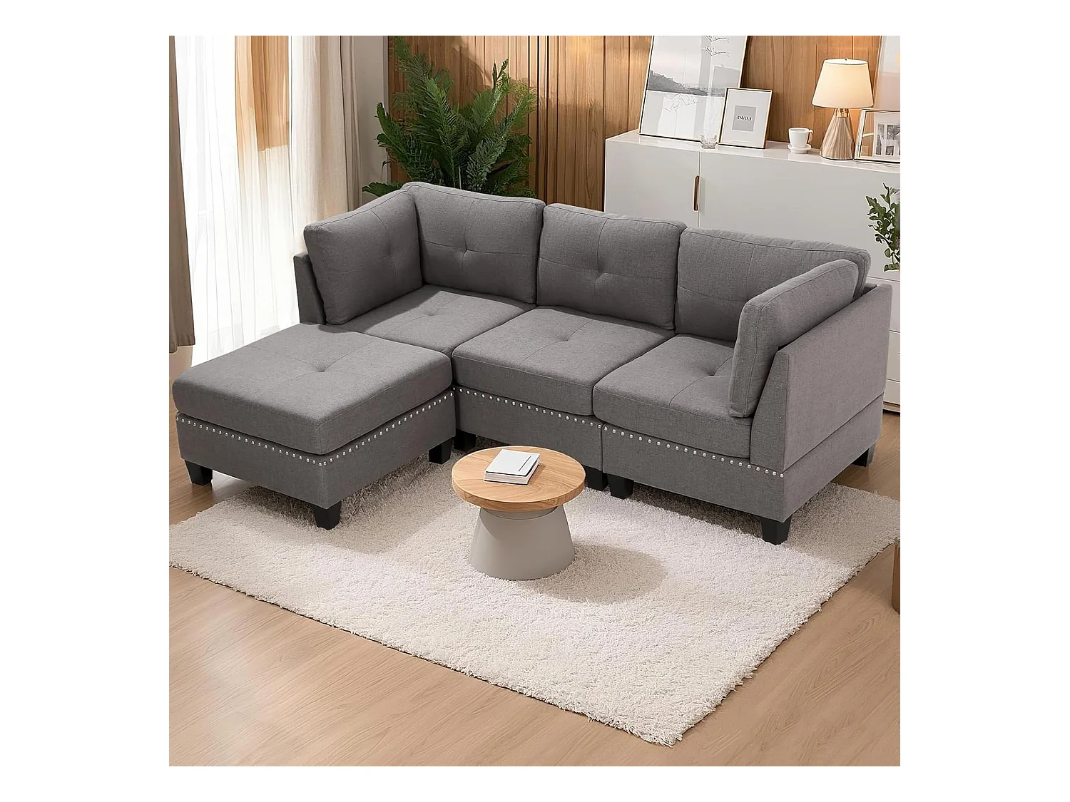 YODOLLA 225 cm Ecksofa 3-Sitzer mit Fußhocker, modernes L-förmiges Schnittsofa für Wohnzimmer, Grau