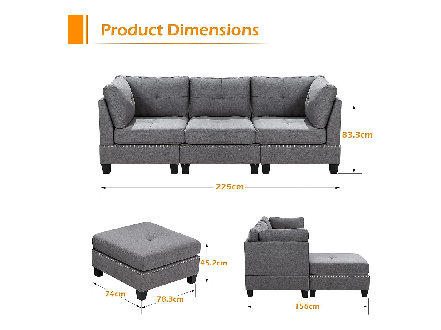 YODOLLA 225 cm Ecksofa 3-Sitzer mit Fußhocker, modernes L-förmiges Schnittsofa für Wohnzimmer, Grau