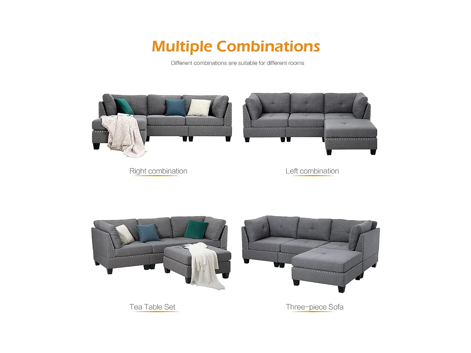 YODOLLA 225 cm Ecksofa 3-Sitzer mit Fußhocker, modernes L-förmiges Schnittsofa für Wohnzimmer, Grau