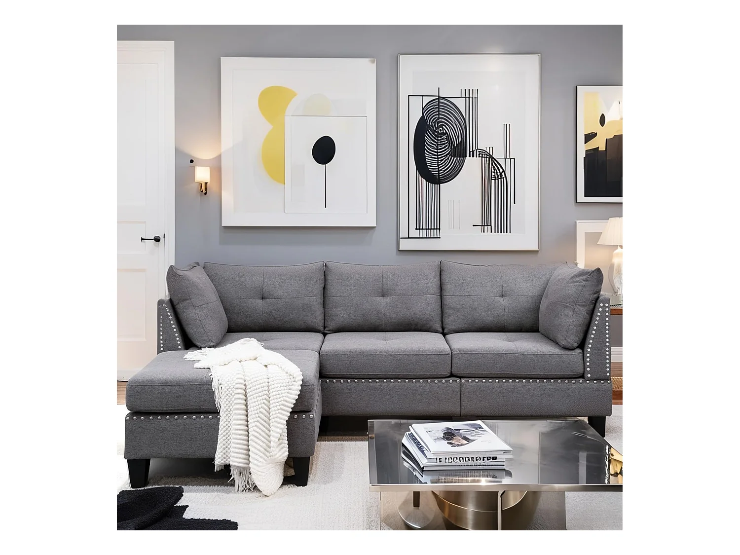 YODOLLA 225 cm Ecksofa 3-Sitzer mit Fußhocker, modernes L-förmiges Schnittsofa für Wohnzimmer, Grau