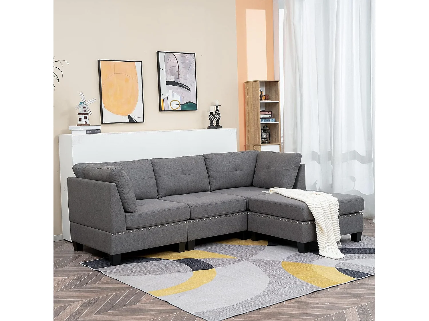 YODOLLA 225 cm Ecksofa 3-Sitzer mit Fußhocker, modernes L-förmiges Schnittsofa für Wohnzimmer, Grau