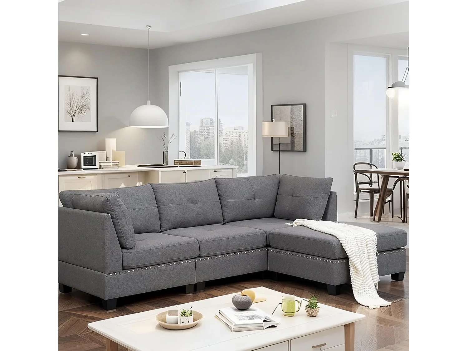 YODOLLA 225 cm Ecksofa 3-Sitzer mit Fußhocker, modernes L-förmiges Schnittsofa für Wohnzimmer, Grau