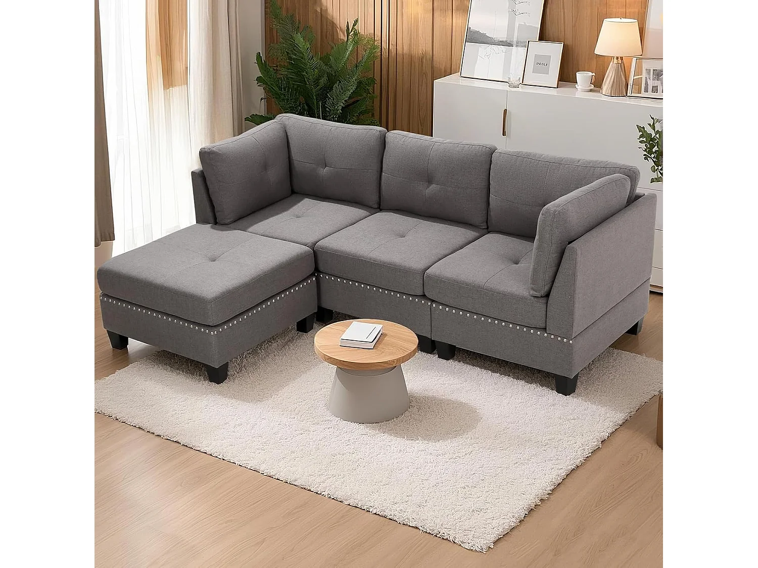 YODOLLA 225 cm Ecksofa 3-Sitzer mit Fußhocker, modernes L-förmiges Schnittsofa für Wohnzimmer, Grau