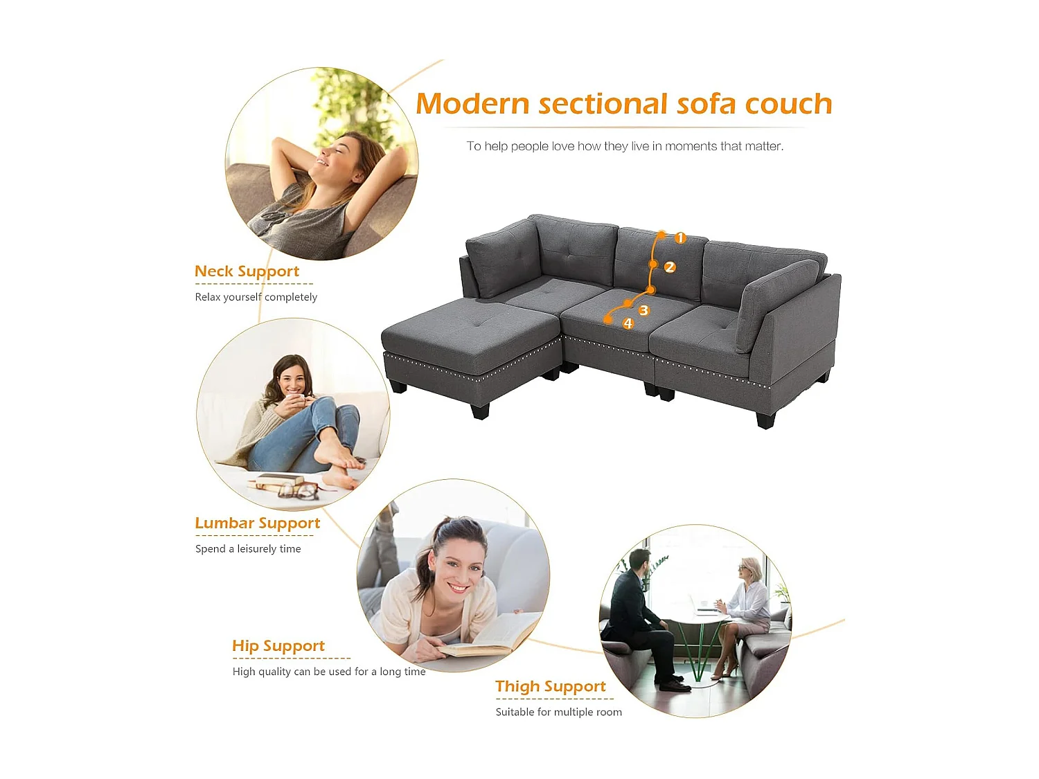 YODOLLA 225 cm Ecksofa 3-Sitzer mit Fußhocker, modernes L-förmiges Schnittsofa für Wohnzimmer, Grau