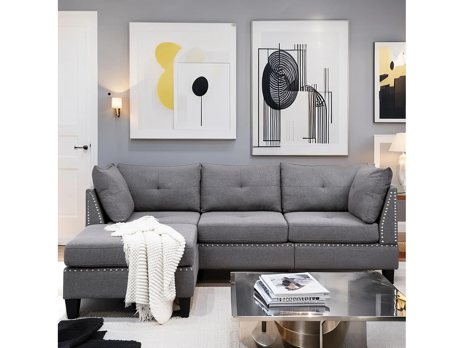 YODOLLA 225 cm Ecksofa 3-Sitzer mit Fußhocker, modernes L-förmiges Schnittsofa für Wohnzimmer, Grau