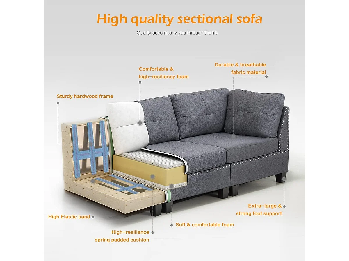 YODOLLA 225 cm Ecksofa 3-Sitzer mit Fußhocker, modernes L-förmiges Schnittsofa für Wohnzimmer, Grau