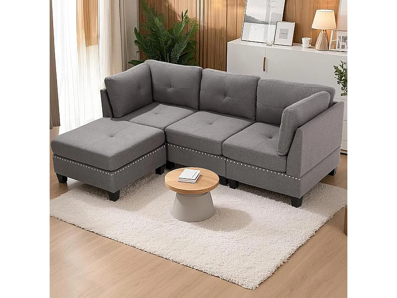 YODOLLA 225 cm Ecksofa 3-Sitzer mit Fußhocker, modernes L-förmiges Schnittsofa für Wohnzimmer, Grau